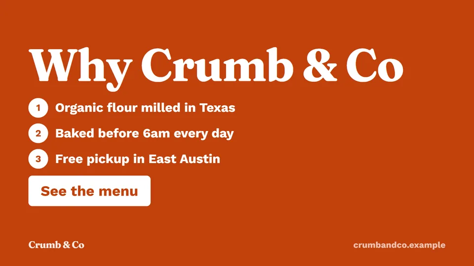 Landscape video for Crumb & Co, a fictional bakery, in the bold look: "Why Crumb & Co" with three numbered reasons