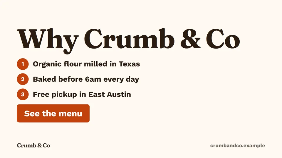 Landscape video for Crumb & Co, a fictional bakery, in the clean look: "Why Crumb & Co" with three numbered reasons