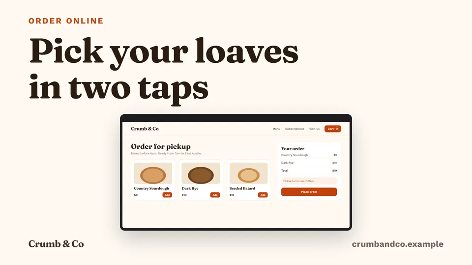 Landscape video for Crumb & Co, a fictional bakery, in the clean look: "Pick your loaves in two taps" with the bakery’s order page in a device frame