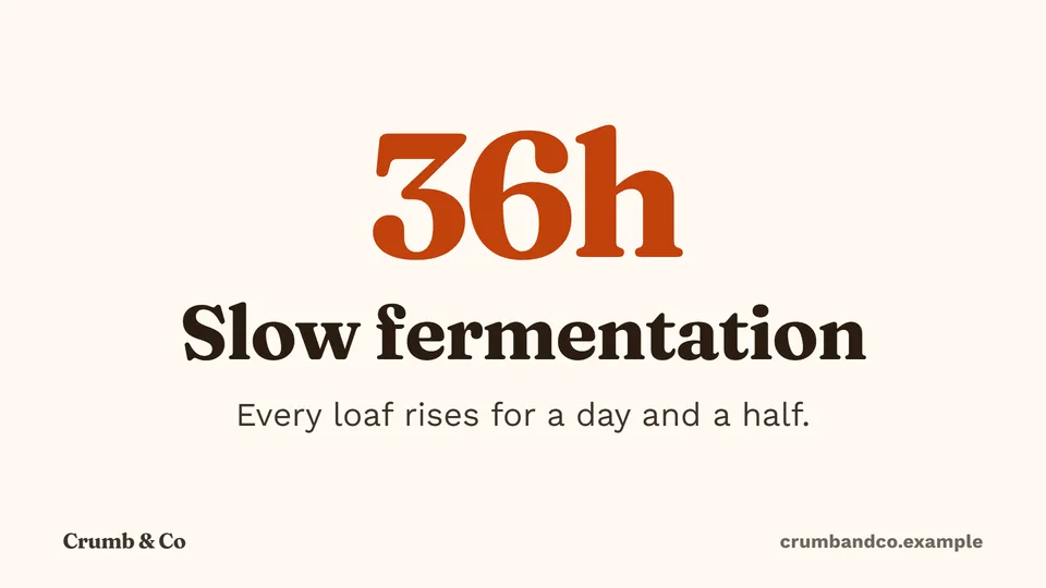 Landscape video for Crumb & Co, a fictional bakery, in the clean look: "36h" in large type over "Slow fermentation"