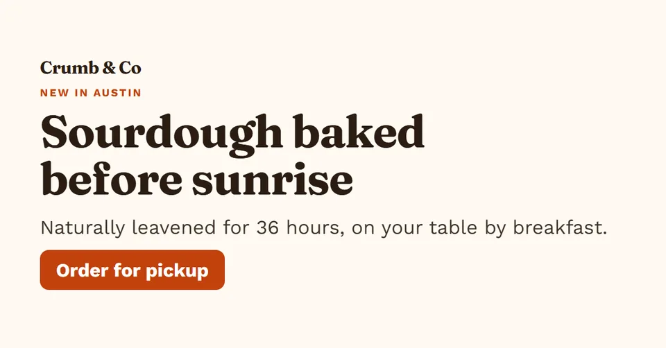 Link / ad banner for Crumb & Co, a fictional bakery, in the clean look: "Sourdough baked before sunrise" with an "Order for pickup" button