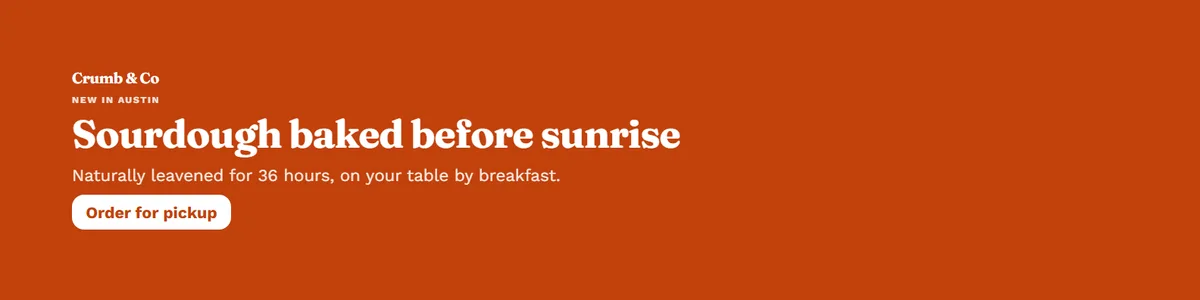 LinkedIn banner for Crumb & Co, a fictional bakery, in the bold look: "Sourdough baked before sunrise" with an "Order for pickup" button
