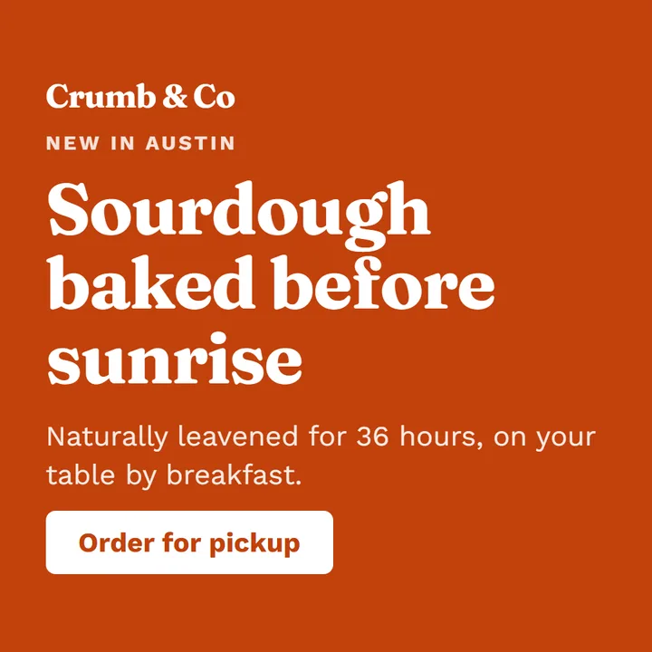 Square post for Crumb & Co, a fictional bakery, in the bold look: "Sourdough baked before sunrise" with an "Order for pickup" button
