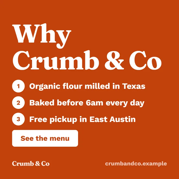 Square post for Crumb & Co, a fictional bakery, in the bold look: "Why Crumb & Co" with three numbered reasons