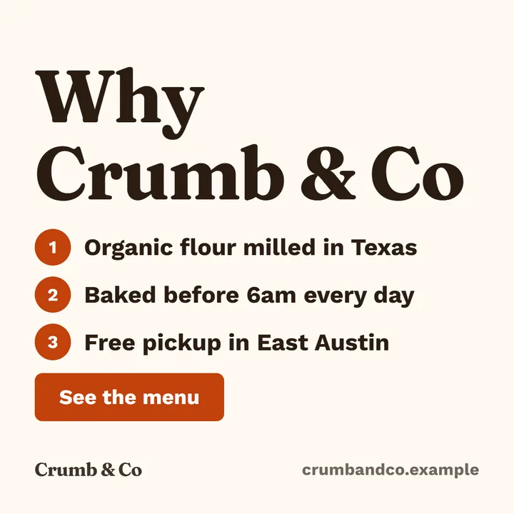 Square post for Crumb & Co, a fictional bakery, in the clean look: "Why Crumb & Co" with three numbered reasons