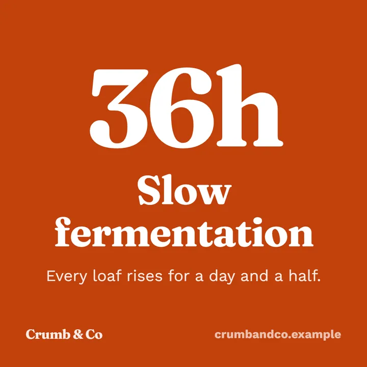 Square post for Crumb & Co, a fictional bakery, in the bold look: "36h" in large type over "Slow fermentation"