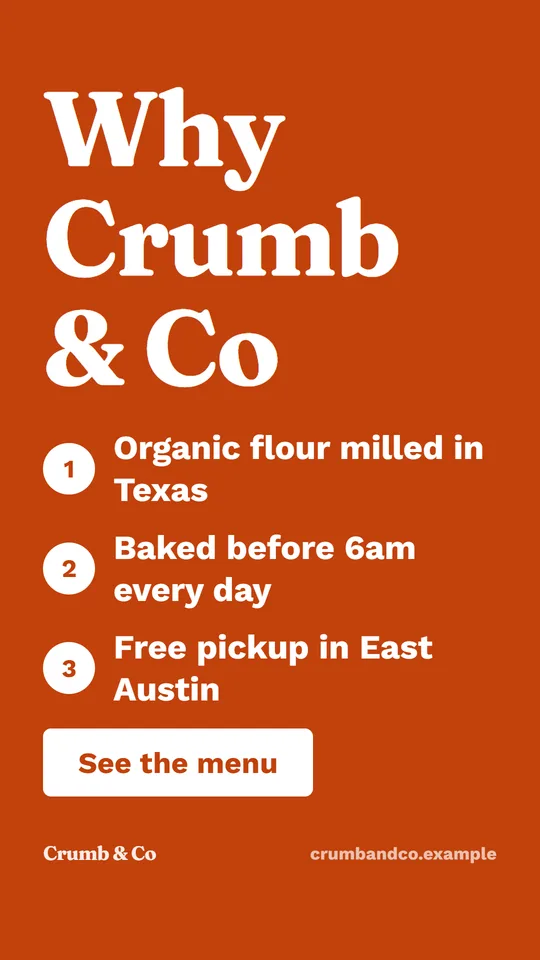 Story / reel for Crumb & Co, a fictional bakery, in the bold look: "Why Crumb & Co" with three numbered reasons