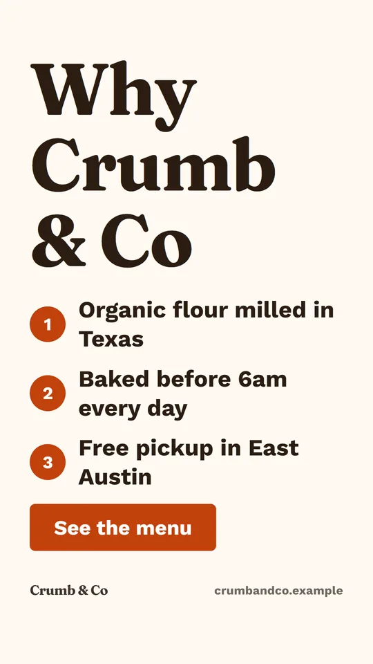 Story / reel for Crumb & Co, a fictional bakery, in the clean look: "Why Crumb & Co" with three numbered reasons