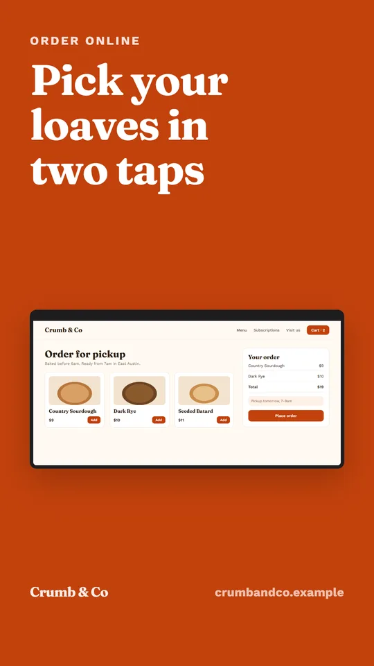 Story / reel for Crumb & Co, a fictional bakery, in the bold look: "Pick your loaves in two taps" with the bakery’s order page in a device frame