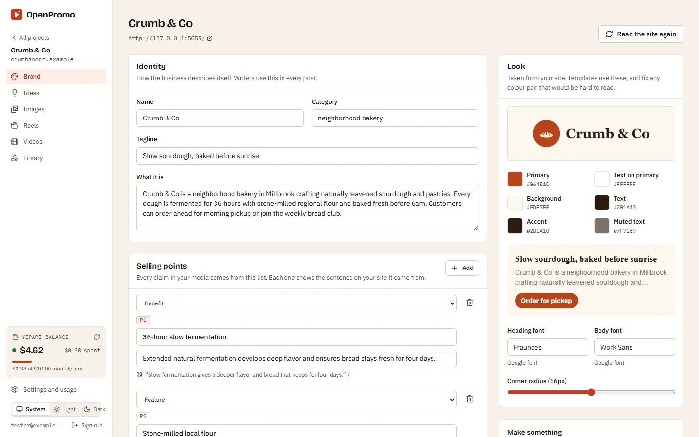 The OpenPromo brand profile for Crumb & Co: name, tagline, description, selling points with the sentence each came from, brand colors, logo and fonts