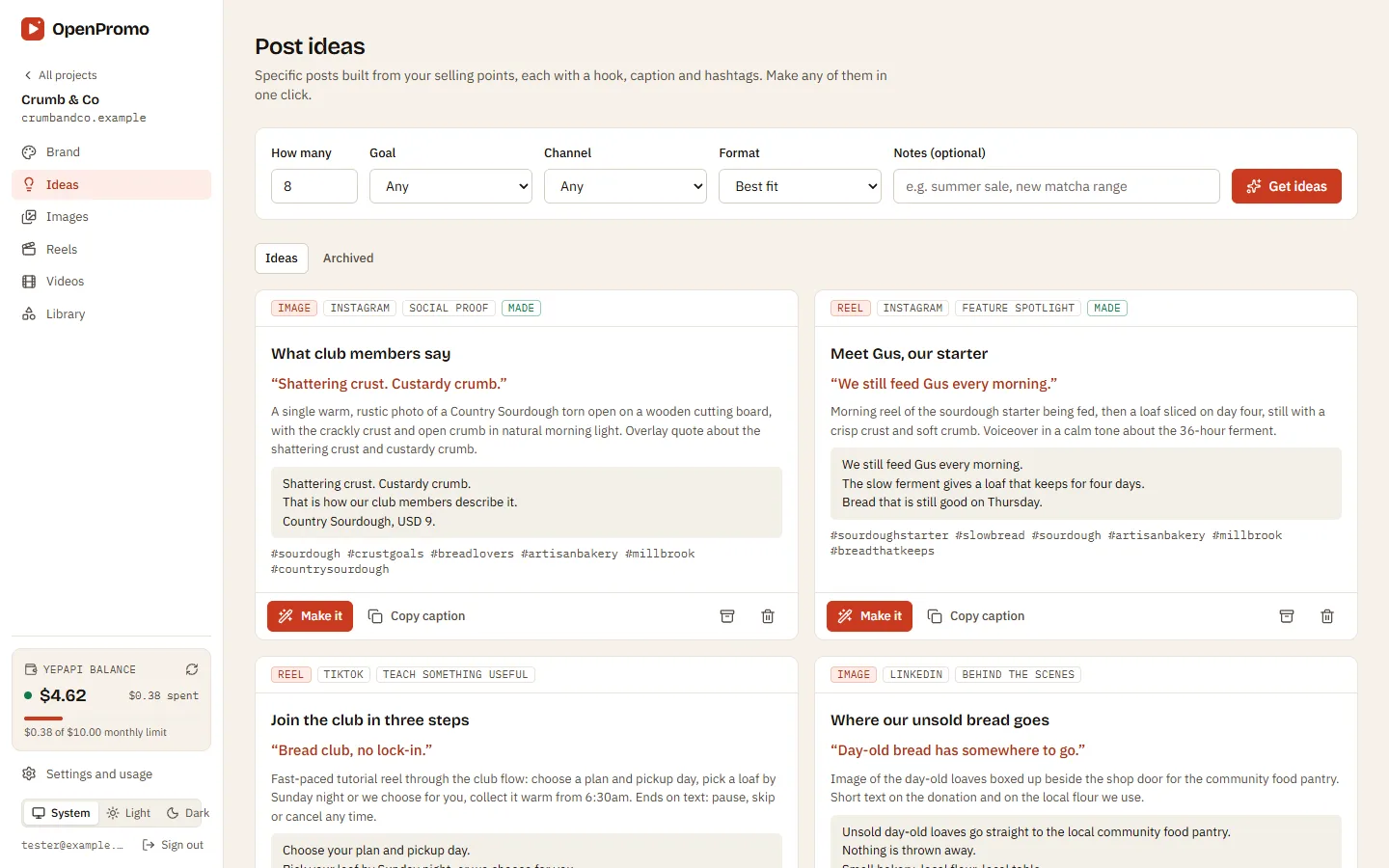 Post ideas for Crumb & Co, each with a format, channel, hook, ready caption and hashtags, and a Make it button